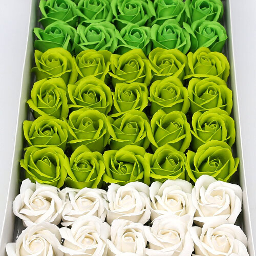 3색 비누장미 50송이 한박스 흰색+연두+녹색 꽃대미포함